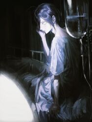  1boy ahoge bandaid bed bed_sheet bishounen black_hair check_commentary commentary_request danganronpa_(series) danganronpa_v3:_killing_harmony dark_background glowing glowing_eyes hair_between_eyes hand_on_own_face highres hospital_bed hospital_gown indoors intravenous_drip looking_at_viewer male_focus monochrome muted_color nape night on_bed pale_skin profile saihara_shuichi seapall short_hair sitting solo surprised under_covers wide-eyed yellow_eyes 