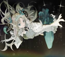  1girl blonde_hair blue_eyes curled_horns ereshkigal_(fate) fate/grand_order fate_(series) gloves hair_ribbon highres horns long_hair midair open_mouth pantyhose ribbon smile solo space_ereshkigal_(fate) two_side_up yaruyan 