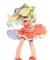  bad_drawr_id bad_id blonde_hair blue_eyes bow dress green_bow looking_to_the_side mega_man_(series) non-web_source oekaki ohiam open_mouth red_dress red_shoes roll_(mega_man) sandals shoes white_background wind wind_lift 