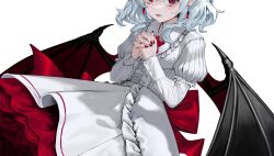  1girl back_bow bat_wings blue_eyes bow corset dress earrings highres interlocked_fingers jewelry juliet_sleeves long_sleeves looking_at_viewer medium_hair own_hands_together puffy_sleeves pyonsuke_(pyon2_mfg) red_bow red_eyes red_nails remilia_scarlet simple_background solo touhou white_background white_corset white_dress wings 
