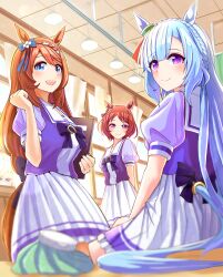 4girls absurdres animal_ears anshinzawa_sasami blonde_hair blue_eyes blue_hair blush bow bowtie braid breasts brown_hair closed_mouth commentary_request crown_braid ear_bow ear_ornament ear_ribbon flower-shaped_pupils flower_in_eye glasses hair_between_eyes hair_ornament highres holding holding_notebook horse_ears horse_girl horse_tail ice_pack long_hair looking_at_viewer medium_breasts mejiro_ardan_(umamusume) multicolored_hair multiple_girls notebook open_mouth pink_eyes pleated_skirt puffy_short_sleeves puffy_sleeves purple_bow purple_bowtie purple_shirt sailor_collar sailor_shirt sakura_laurel_(umamusume) school_uniform shirt short_hair short_sleeves sitting skirt smile streaked_hair sunglasses super_creek_(umamusume) symbol-shaped_pupils symbol_in_eye tail torinosukei tracen_school_uniform umamusume very_long_hair violet_eyes white-framed_eyewear white_sailor_collar white_skirt 