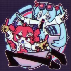  2girls ahoge aqua_eyes aqua_hair bags_under_eyes boots collared_shirt drill_hair eyewear_on_head fang full_body gloves goggles hatsune_miku jigen_tsuushin_(vocaloid) kasane_teto lab_coat long_sleeves looking_at_viewer multiple_girls my4nggg necktie open_mouth outstretched_arms pants red_eyes red_hair red_necktie scanlines shirt shorts spread_arms synthesizer_v traffic_baton twin_drills twintails utau vocaloid yellow_gloves 