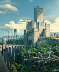  blue_sky brick_wall bridge bush castle clouds commentary day english_commentary flock highres landscape medieval original raphael-lacoste scenery signature sky sunlight tower town tree 