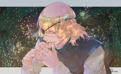  1boy artist_name badeni black_tabard black_tunic blonde_hair chi.:_chikyuu_no_undou_ni_tsuite closed_mouth commentary_request edenen-san elbow_rest eyepatch fingernails letterboxed male_focus outside_border own_hands_clasped own_hands_together scar scar_on_face scar_on_lip scar_on_mouth scar_on_nose solo tabard tonsure tunic upper_body yellow_eyes 