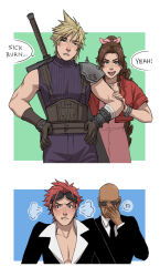  1girl 3boys adjusting_eyewear aerith_gainsborough armor bald belt black_jacket black_necktie blonde_hair blue_background blue_pants blue_shirt border brown_belt brown_gloves brown_hair buster_sword choker cloud_strife collared_shirt dress english_text facial_mark final_fantasy final_fantasy_vii frown furrowed_brow gloves goggles goggles_on_head green_background hair_ribbon hand_on_another's_arm hands_on_own_hips highres jacket kaciart laughing long_hair multiple_belts multiple_boys necktie pants parted_bangs parted_lips pauldrons pink_dress pink_ribbon ponytail red_hair red_jacket reno_(ff7) ribbed_shirt ribbon ribbon_choker rude_(ff7) shirt short_sleeves shoulder_armor sidelocks silver_bangle single_bare_shoulder single_pauldron sleeveless sleeveless_turtleneck speech_bubble spiky_hair suit_jacket sunglasses sword sword_on_back tongue tongue_out turtleneck upper_body weapon weapon_on_back white_border white_shirt 