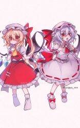  2girls ascot back_bow bat_wings blonde_hair bow brooch collared_shirt commentary_request crystal crystal_wings flandre_scarlet frilled_shirt_collar frilled_skirt frills full_body hat hat_bow highres jewelry mob_cap multicolored_wings multiple_girls one_side_up puffy_short_sleeves puffy_sleeves purple_hair red_ascot red_bow red_eyes red_skirt red_vest remilia_scarlet ribbon-trimmed_skirt ribbon_trim shirt short_sleeves siblings sisters skirt skirt_set suigyu_xxx touhou twitter_username vest watermark white_hat white_shirt wings wrist_cuffs yellow_ascot 
