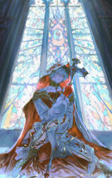  1boy absurdres backlighting black_hair borrowed_character chinese_commentary collarbone commentary_request cross earrings expressionless final_fantasy final_fantasy_xiv full_body gem gloves gold_collar grey_eyes hair_between_eyes heterochromia highres holding holding_cross holding_staff hyur jewelry knees_together_feet_apart latin_cross long_sleeves looking_at_viewer male_focus multicolored_hair murrtecys_ansuz on_floor original parted_lips pearl_(gemstone) pulppunk001 red_gloves red_veil robe sandals short_hair sideways_glance single_earring sitting solo staff stained_glass sun_earrings two-sided_veil two-tone_hair veil warrior_of_light_(ff14) watermark weibo_watermark white_hair white_robe white_veil window yellow_eyes 