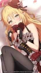  1girl ahoge archived_source bare_shoulders black_dress black_gloves black_pantyhose blonde_hair blush box breasts closed_mouth company_name copyright_name copyright_notice dress gift gift_box gloves green_eyes hat heart-shaped_box highres holding holding_gift hoshii_miki idolmaster idolmaster_(classic) idolmaster_million_live! idolmaster_million_live!_theater_days long_hair looking_at_viewer lying mini_hat official_art official_wallpaper on_back pantyhose partially_fingerless_gloves petals rose_petals sleeveless sleeveless_dress smile solo valentine 