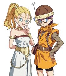  2girls armlet bag bare_shoulders bike_shorts black_shorts blonde_hair blue_eyes blunt_bangs blunt_ends breasts chrono_trigger closed_mouth cowboy_shot glasses gold_armlet gold_choker grey_shirt hands_on_own_hips headset helmet hosodayo jewelry light_blush long_hair long_sleeves looking_at_viewer lucca_ashtear marle_(chrono_trigger) medium_breasts multiple_girls neckerchief open_mouth orange_neckerchief orange_tunic parted_bangs parted_lips ponytail purple_hair radio_antenna romper shirt short_hair shorts shoulder_bag simple_background smile toriyama_akira_(style) tunic twitter_username white_background white_romper 
