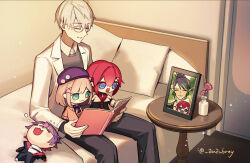  2boys 2girls :3 :d =_= ange_katrina ange_katrina_(1st_costume) aqua_eyes aubrey_(kyarairo) bed beret black_hair black_jacket black_pants blue_eyes blush_stickers book brown_hair cardigan chibi closed_eyes closed_mouth coat collared_shirt colored_tips commentary_request fang flower glasses green_hair grey-framed_eyewear grey_sweater hair_between_eyes hair_ornament hanabatake_chaika hat highres hitotsubashi_ayato hitotsubashi_ayato_(1st_costume) holding holding_book indoors jacket lab_coat lapels light_particles long_sleeves looking_at_object lying medium_hair multicolored_eyeshadow multicolored_hair multiple_boys multiple_girls nijisanji no_pupils notched_lapels on_back on_bed on_lap open_clothes open_coat open_jacket open_mouth pants photo_(object) picture_frame pillow pink_cardigan pink_flower pointy_ears purple_hair purple_hat reading reading_together red_hair red_shirt shirt short_hair sitting skin_fang sleeping smile suzuhara_lulu suzuhara_lulu_(1st_costume) sweater table triangle_hair_ornament twitter_username two-tone_hair virtual_youtuber watarai_hibari watarai_hibari_(1st_costume) white_coat white_hair white_shirt x_hair_ornament 