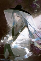  1girl absurdres bird black_background black_hat blue_eyes blue_hair chinese_clothes chinese_commentary commentary_request hair_behind_ear hanfu hat highres long_hair long_sleeves looking_ahead mole mole_under_eye original own_hands_together parted_bangs parted_lips robe see-through_clothes see-through_veil shirt sidelighting smoke solo swallow_(bird) turtleneck upper_body veil very_long_hair weimao white_hanfu white_robe white_shirt white_veil wide_sleeves yanxi_yanxi 