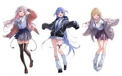  3girls asumi_sena black_choker black_jacket black_nails black_shoes black_thighhighs blonde_hair blue_hair blue_necktie breasts brown_shoes choker collared_shirt colored_inner_hair commentary_request cross_hair_ornament earrings fang full_body green_eyes grey_hair grey_jacket hair_ornament hairclip hand_up highres hood hood_down hooded_jacket jacket jewelry kurumi_noah leg_warmers loafers long_hair long_sleeves looking_at_viewer medium_breasts miniskirt multicolored_hair multiple_girls necklace necktie off_shoulder official_alternate_costume one_eye_closed open_clothes open_jacket open_mouth outstretched_arms parallel_hairclips pink_eyes pink_hair plaid_clothes plaid_necktie platform_shoes pleated_skirt purple_hair purple_necktie purple_skirt sa-ya2 school_uniform shirt shirt_tucked_in shoes simple_background skirt smile tail teeth thigh-highs tongue tongue_out two_side_up upper_teeth_only virtual_youtuber vspo! white_background white_leg_warmers white_shirt white_shoes white_skirt yano_kuromu zettai_ryouiki 