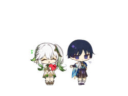  1boy 1girl 462_pkmn anklet asymmetrical_sidelocks belt black_belt black_bow black_bridal_gauntlets black_hair black_sandals black_shorts blue_cape blue_gem blue_kimono blue_sleeves blunt_ends bow box bracelet bridal_gauntlets cape chibi chibi_only choppy_bangs closed_eyes closed_mouth colored_tips commentary_request detached_sleeves dress eyeliner facing_another feathers full_body gem genshin_impact gift gift_box gold gold_trim green_hair green_sleeves hair_ornament hakama hakama_shorts half_crown_braid hand_up heart-shaped_box holding holding_box japanese_clothes jewelry jitome juban kimono layered_sleeves leaf leaf_hair_ornament leg_warmers long_hair looking_at_another makeup multicolored_hair musical_note nahida_(genshin_impact) open_clothes open_hand open_kimono open_mouth outstretched_arm pleated_shorts pointy_ears pom_pom_(clothes) puff_of_air purple_rope purple_sash red_eyeliner rope sandals sash scaramouche_(genshin_impact) short_sleeves shorts side_cape side_ponytail sidelocks socks standing streaked_hair tassel toeless_socks valentine violet_eyes vision_(genshin_impact) wanderer_(genshin_impact) white_background white_dress white_kimono white_leg_warmers white_sleeves white_socks yellow_feathers zouri 