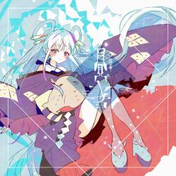  1girl absurdly_long_hair bare_legs blue_eyes blue_shoes blush character_name cho_kaguya-hime! commentary copyright_name criss-cross_halter fingernails floating_hair frilled_sleeves frills full_body grey_background hair_floating_upwards hair_ornament hair_rings hair_stick halterneck high_heels japanese_clothes kanzashi kimono knees_up light_particles long_hair long_sidelocks looking_at_viewer nail_polish off_shoulder official_artist_extra platform_heels purple_kimono purple_nails runami_yachiyo shide shoes side_up_ring sidelocks sleeves_past_wrists smile solo split_mouth tassel thick_eyebrows too_many_watermarks two-sided_fabric umbrella_octopus very_long_hair watermark white_hair wide_sleeves yoneda_taro 