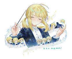  6+girls ahoge artoria_caster_(fate) artoria_pendragon_(fate) artoria_pendragon_(lancer)_(fate) artoria_pendragon_(lancer_alter)_(fate) beamed_eighth_notes blonde_hair blush_stickers chibi chibi_inset closed_eyes closed_mouth commentary commentary_request conductor_baton cropped_torso eighth_note fate/grand_order fate_(series) fujimaru_ritsuka_wa_wakaranai grand_piano highres holding_baton instrument multiple_girls multiple_persona multiple_views music musical_note musical_staff mysterious_heroine_x_(fate) mysterious_heroine_x_alter_(fate) nigiri piano playing_instrument playing_piano reference_inset saber_(fate) saber_lily scene_reference signature singing star_(symbol) twitter_username untranslatable_commentary 