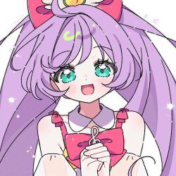  1girl artist_name bare_shoulders blush bow bowtie character_request commentary copyright_request detached_sleeves dot_nose green_eyes grey_outline hair_bow highres long_hair looking_at_viewer open_mouth outline own_hands_clasped own_hands_together portrait purple_hair red_bow red_bowtie see-through_clothes see-through_sleeves simple_background solo untranslatable_commentary white_background yalmyu 