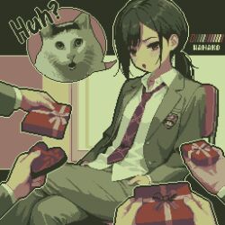  1girl 4boys artist_name black_hair blazer blush box cat collared_shirt color_guide commentary_request crossed_legs gift gift_box grey_jacket grey_pants hands_in_pockets highres jacket lapels limited_palette multiple_boys necktie notched_lapels open_clothes open_jacket open_mouth original outline pants pixel_art ponytail purple_necktie school_uniform shirt solo_focus specialhanako spoken_animal valentine violet_eyes white_shirt 