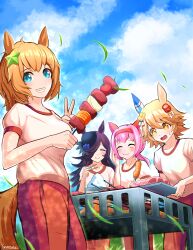  +_+ 4girls absurdres animal_ears blue_eyes blue_flower blue_rose blue_sky blush bow breasts brown_hair carrot chopsticks closed_eyes closed_mouth clouds clover_hair_ornament collarbone commentary_request cooking daruma_doll daruma_doll_hair_ornament ear_covers flipped_hair flower food four-leaf_clover_hair_ornament grill grilling grin gym_shirt hair_between_eyes hair_ornament hair_over_one_eye hairband haru_urara_(umamusume) hat hat_flower headband highres holding holding_chopsticks holding_food holding_tray horse_ears horse_girl horse_tail large_breasts long_hair looking_at_viewer matikanefukukitaru_(umamusume) meat multiple_girls open_mouth orange_hair outdoors pants pink_hair pink_headband plate ponytail red_headband red_pants rice rice_shower_(umamusume) rose shirt shish_kebab short_hair short_sleeves single_ear_cover sky small_breasts smile star_(symbol) star_hair_ornament sweatdrop taiki_shuttle_(umamusume) tail teeth tilted_headwear torinosukei tracen_training_uniform track_pants tray umamusume v white_shirt 