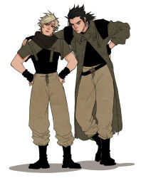  2boys arm_around_shoulder belt black_belt black_boots black_gloves black_hair black_scarf black_shirt blonde_hair boots brown_pantyhose cloud_strife coat cocked_eyebrow cross_scar final_fantasy final_fantasy_vii fingerless_gloves frown full_body furrowed_brow gloves grey_coat hair_between_eyes hands_on_own_hips highres kaciart low_ponytail male_focus medium_hair multiple_boys pantyhose parted_lips ponytail scar scar_on_cheek scar_on_face scarf shirt short_hair sideburns spiky_hair white_background zack_fair 