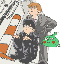  2boys blush_stickers bowl_cut commentary ekubo_(mob_psycho_100) expressionless formal_clothes gakuran ghost grey_jacket grey_pants grey_suit haneu highres jacket jitome kageyama_shigeo leaning_forward looking_ahead male_focus mob_psycho_100 multiple_boys necktie pants parted_lips pink_necktie reigen_arataka salt_middle_school_uniform school_uniform spirit squatting squinting suit sweat traffic_cone 