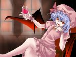  blue_hair crossed_legs cup glass hat panda90_(pixiv) remilia_scarlet ribbon ribbons short_hair sitting touhou wine wine_glass wings 