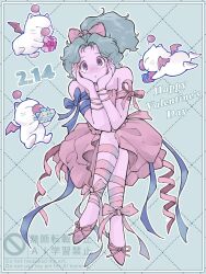  1girl arm_ribbon bare_shoulders blue_ribbon bow box commentary_request creature crossed_legs dated dress final_fantasy final_fantasy_vi full_body gift gift_box green_background green_hair hair_bow hands_on_own_cheeks hands_on_own_face happy_valentine highres holding holding_box holding_gift ika_okura_66 leg_ribbon long_hair moogle parted_bangs pink_bow pink_dress pink_ribbon pink_shoes ponytail ribbon shoes solo terra_branford violet_eyes 