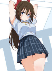  1girl arms_behind_head arms_up blue_eyes blue_shirt blue_skirt blush bow breasts brown_hair collared_shirt hair_between_eyes hair_bow long_hair looking_at_viewer love_live! love_live!_nijigasaki_high_school_idol_club medium_breasts miniskirt neck_ribbon nijigasaki_school_uniform osaka_shizuku plaid_clothes plaid_skirt pleated_skirt red_bow ribbon school_uniform shirt short_sleeves sidelocks skirt skt_(ryxxxxx) solo summer_uniform yellow_ribbon 
