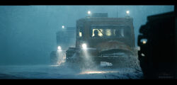  2others absurdres artist_name cold commentary english_commentary headlight_beam highres ice landscape light_rays military_jeep motor_vehicle multiple_others original outdoors painterly raja_nandepu scenery science_fiction shadowed snow windshield 