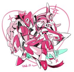  2boys blonde_hair braid chest_jewel energy_sword forehead_jewel full_body heart highres holding holding_sword holding_weapon long_hair mega_man_(series) mega_man_x_(series) multiple_boys red_theme simple_background sword valentine vsub_01 weapon white_background x_(mega_man) z_saber zero_(mega_man) 
