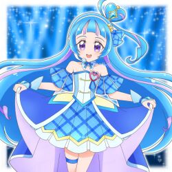  1girl aokaze_nana aqua_hair bare_shoulders blue_skirt blue_theme blush breasts brooch closed_mouth clothes_lift collarbone commentary_request cure_wink curtsey dress hair_ornament headset heart heart_brooch highres idol idol_clothes idol_heart_brooch_(precure) idol_heart_incom jewelry kimi_to_idol_precure lifting_own_clothes long_hair looking_at_viewer medium_breasts meru_(mer_milky77) multicolored_hair open_mouth plaid_clothes plaid_skirt plaid_sleeves precure purple_hair short_sleeves skirt skirt_lift smile solo strapless strapless_dress thigh_strap very_long_hair violet_eyes 