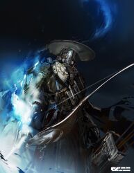  1boy absurdres arknights arrow_(projectile) black_cape black_hat blue_sky bow_(weapon) cape chinese_commentary commentary_request cowboy_shot gradient_sky hat highres holding holding_bow_(weapon) holding_weapon ju_(arknights) looking_at_viewer looking_down male_focus mask qiumoyixing quiver robot sky solo weapon 