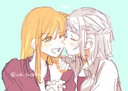  2girls black_shirt blush braid closed_eyes commentary_request gakuen_idolmaster green_background hair_ornament hairpin hand_on_another's_shoulder hand_on_own_shoulder idolmaster jacket katsuragi_lilja kiss kissing_cheek long_hair multiple_girls one_eye_closed orange_hair shirt shiun_sumika short_hair smile teeth wa_sosaku watermark white_hair yuri 