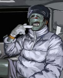  1boy alternate_skin_color colored_skin cyclops dark-skinned_male dark_skin down_jacket english_commentary facial_hair fur_hat gloves gold_wristwatch grey_background grey_skin hat jacket jogo_(jujutsu_kaisen) jujutsu_kaisen looking_at_viewer male_focus mustache_stubble one-eyed shirt solo stubble white_gloves white_jacket zombtuna 