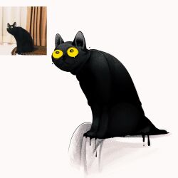  animal_ears animal_focus black_cat cat cat_ears colehairlesscat dripping english_commentary highres original reference_inset slime_(substance) white_background yellow_eyes 