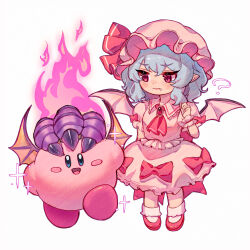  1girl ? absurdres bat_wings blush brooch chibi commentary_request copy_ability dragon_fire_kirby dragon_hat dragon_wings fire fire_kirby full_body hat highres jewelry kirby kirby_(series) kirby_and_the_forgotten_land looking_at_viewer mob_cap pink_hat pointy_ears puffy_short_sleeves puffy_sleeves qiu_ju red_eyes red_shoes remilia_scarlet shoes short_hair short_sleeves simple_background socks sparkle touhou white_background wings wrist_cuffs 