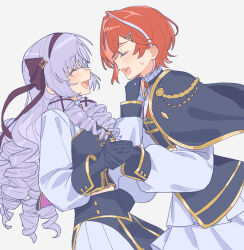  2girls aiguillette aji_(eatfishfly) ange_katrina blush breasts cape closed_eyes dancing drill_hair ear_blush facing_another flat_chest gloves gold_trim grey_cape grey_gloves grey_shirt hair_behind_ear hair_intakes hair_ornament hair_ribbon hand_on_another's_hip hand_on_another's_shoulder hashtag-only_commentary highres holding_hands hyakumantenbara_salome idol_clothes layered_shirt long_hair long_sleeves medium_breasts medium_hair midriff_peek multicolored_hair multiple_girls nijisanji nijisanji_idol_uniform open_mouth purple_hair purple_ribbon red_hair ribbon shirt side_cape simple_background skirt sleeve_cuffs smile streaked_hair sweatdrop triangle_hair_ornament two-tone_hair very_long_hair virtual_youtuber white_background white_hair white_shirt white_skirt 
