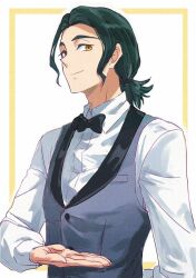  1boy alternate_costume alternate_hairstyle black_hair border bow bowtie butler digimon digimon_beatbreak light_smile long_sleeves outside_border ponytail risyo sawashiro_kyo shirt short_ponytail sidelocks upper_body vest waistcoat white_shirt yellow_border yellow_eyes 