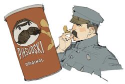  1boy brown_hair chips_(food) coat ecku_(eckiiaaoo) facial_hair food from_side grey_coat grey_hat hat jozef_klemens_pilsudski logo_parody male_focus military_uniform mustache parody potato_chips pringles profile real_life simple_background solo upper_body white_background 