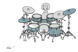  1girl absurdres commentary drum drum_set highres instrument kaduise original short_hair signature single_off_shoulder solo spot_color 