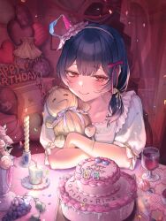  1girl absurdres bedroom birthday_cake black_hair blush cake candle center-flap_bangs character_name closed_mouth commentary_request crossed_arms cup curtains double-parted_bangs drinking_glass food hairband happy_birthday hat highres hugging_doll hugging_object idolmaster idolmaster_shiny_colors indoors looking_at_viewer low_side_ponytail mini_party_hat morino_rinze pajamas pink_hairband pink_hat pov_across_table puffy_short_sleeves puffy_sleeves raised_inner_eyebrows red_eyes shikuwata short_sleeves smile solo straw_doll tilted_headwear upper_body vase wine_glass 
