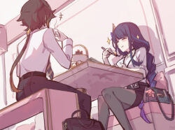  absurdres alternate_costume bag black_pantyhose blunt_bangs blush braid brown_hair c520gpss chair chewing chinese_commentary closed_eyes collared_shirt commentary_request couple cup eating food from_behind from_below genshin_impact hair_ornament handbag happy hetero highres holding holding_cup indoors long_sleeves low_ponytail name_tag office_lady on_chair pants pantyhose pink_background ponytail purple_hair raiden_shogun salaryman shade shadow shirt sitting skirt sparkle table teacup upper_body white_shirt yae_miko yae_miko_(fox) zhongli_(genshin_impact) 