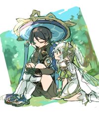  1boy 1girl anklet armlet armor black_bodysuit black_bridal_gauntlets black_hair black_sandals black_shorts blue_cape blue_gem blue_hat blue_jingasa blue_kimono blue_sleeves blunt_ends bodysuit border bracelet bridal_gauntlets cape choppy_bangs closed_eyes closed_mouth colored_tips detached_sleeves dress eyeliner facing_down gem genshin_impact gold gold_trim green_eyes green_hair green_sleeves hair_ornament hand_on_ground hand_on_own_face hand_on_own_leg hand_up hat heart heart_hair_ornament highres japanese_armor japanese_clothes jewelry jingasa juban kimono kote kurokote leg_warmers long_hair looking_at_another makeup multicolored_hair nahida_(genshin_impact) open_clothes open_kimono outdoors pointy_ears ra_suya red_eyeliner sandals scaramouche_(genshin_impact) seiza short_sleeves shorts side_cape side_ponytail sidelocks sitting sketch smile socks source_request stirrup_legwear streaked_hair toeless_legwear toes wanderer_(genshin_impact) watercolor_background white_border white_dress white_hair white_kimono white_leg_warmers white_socks white_trim zouri 