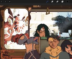  2boys 3girls alien ben_10 ben_tennyson cammy_white crossover dc_comics giant giant_monster godzilla godzilla_(series) highres invincible_(series) jaw kaiju kill_la_kill mark_grayson matoi_ryuuko monster multiple_boys multiple_girls omnitrix spines street_fighter street_fighter_6 superhero_costume vinsent wonder_woman wonder_woman_(series) 