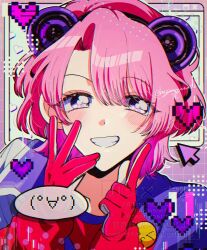  arimura_mao badge blush button_badge commentary_request cursor emoticon gakuen_idolmaster gloves hazimenatu heart idolmaster jacket kaomoji pink_hair pixel_art purple_jacket red_gloves short_hair simple_background smile solo solo_focus teeth violet_eyes 