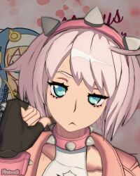 2girls absurdres ahoge aqua_eyes black_gloves bob_cut bracelet bridget_(guilty_gear) collar collarbone elphelt_valentine english_commentary fingerless_gloves gloves guilty_gear guilty_gear_strive hairband half-closed_eyes happy_valentine highres huge_ahoge jacket jewelry pink_collar pink_hairband pink_jacket r4tanuki short_hair solo_focus spiked_bracelet spiked_collar spiked_hairband spiked_jacket spikes transgender white_hair