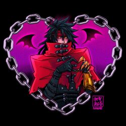  1boy absurdres bat_wings black_background black_gloves black_hair black_jacket blush chain clawed_gauntlets cloak commentary detached_wings elenimut_art final_fantasy final_fantasy_vii four-finger_heart_hands gauntlets gloves hair_between_eyes headband heart heart_hands heterochromia highres jacket long_hair looking_at_viewer male_focus red_cloak red_eyes red_headband signature single_gauntlet single_glove solo spiky_hair torn_cloak torn_clothes upper_body valentine vincent_valentine wings yellow_eyes 
