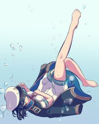  1girl air_bubble anchor_symbol barefoot black_coat black_hair blue_background bubble coat coat_on_shoulders commentary_request feet floating full_body gold_trim gradient_background green_eyes hansode32 hat highres leg_up looking_at_viewer murasa_minamitsu neckerchief red_neckerchief sailor_hat shirt short_hair short_sleeves shorts simple_background solo touhou underwear white_hat white_shirt white_shorts 