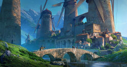  animal brick bridge commentary english_commentary flock grass highres hill horse horseback_riding landscape medieval mountainous_horizon original outdoors painterly people raphael-lacoste riding river rock scenery signature sunlight town tree water windmill 