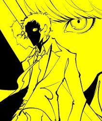  2boys adachi_tooru beliadada collared_shirt commentary_request commission korean_commentary long_sleeves looking_at_viewer male_focus monochrome multiple_boys narukami_yu necktie persona persona_4 second-party_source shirt short_hair suit upper_body yellow_theme 