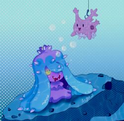  air_bubble artist_name aspaz91-blog blue_eyes bubble colored_sclera corsola drooling fangs fish_hook fishing_line highres mareanie mouth_drool no_humans open_mouth pokemon pokemon_(creature) spikes underwater yellow_sclera 